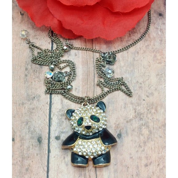Betsey Johnson Jewelry - Betsey Johnson Double Chain Link Panda Pendant Necklace Gold Tone Rhinestone 19"
